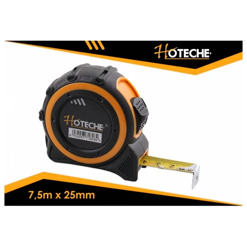 Mérőszalag 7,5mx25mm nylon bevonattal, ütésálló gumírozott ház, övcsipesszel Hoteche