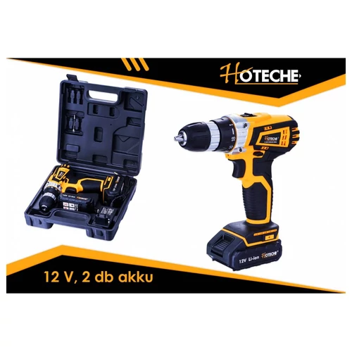 Akkus fúró-csavarozó 12V, 2db 1,3Ah Li-Ion akkumulátorral, kofferben+led Hoteche