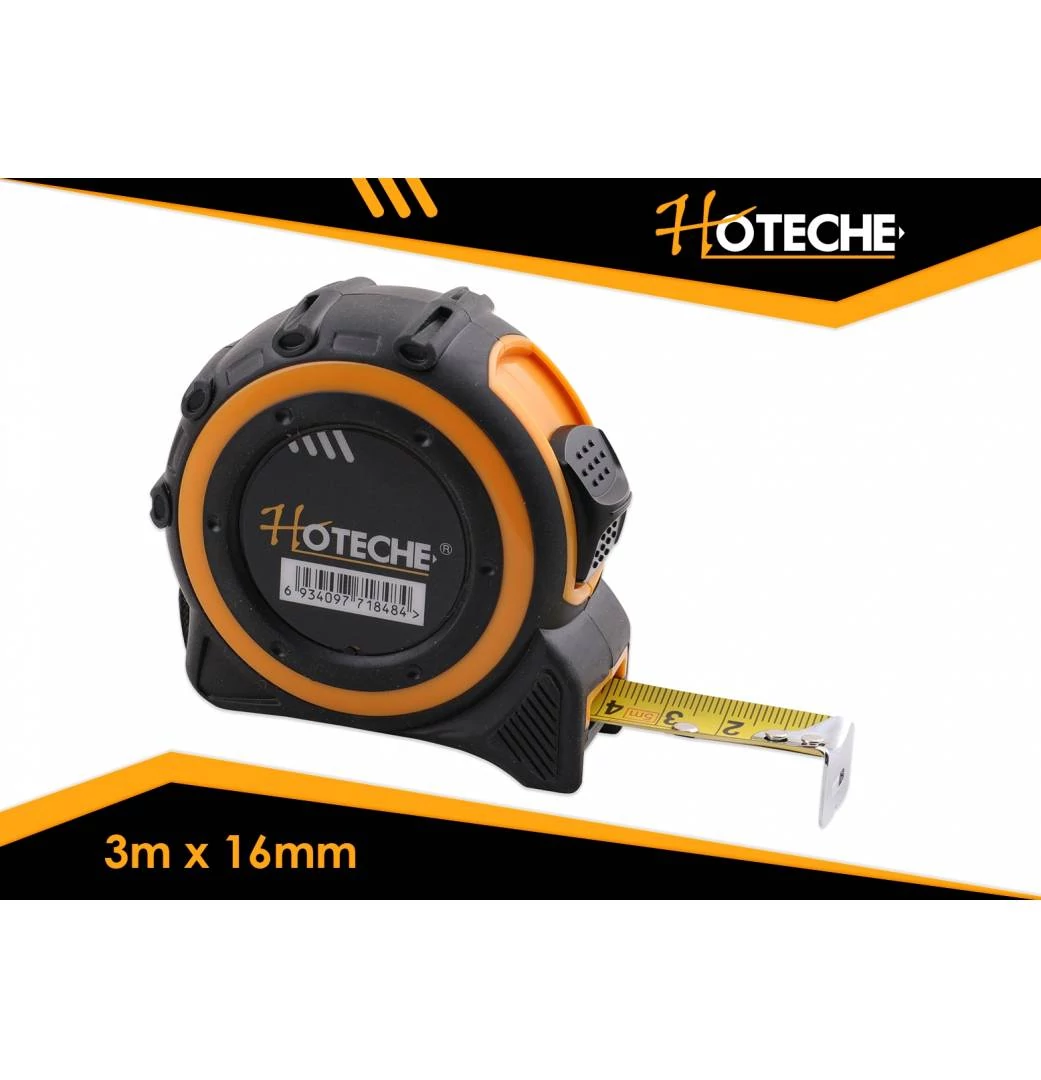 Mérőszalag 3mx16mm nylon bevonattal, ütésálló gumírozott ház, övcsipesszel  Hoteche