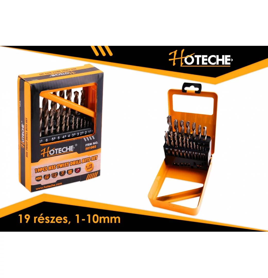 Fúró klt. 19 részes fém HSS-G köszörült, Fém tartódobozzal, 1-10mm Hoteche