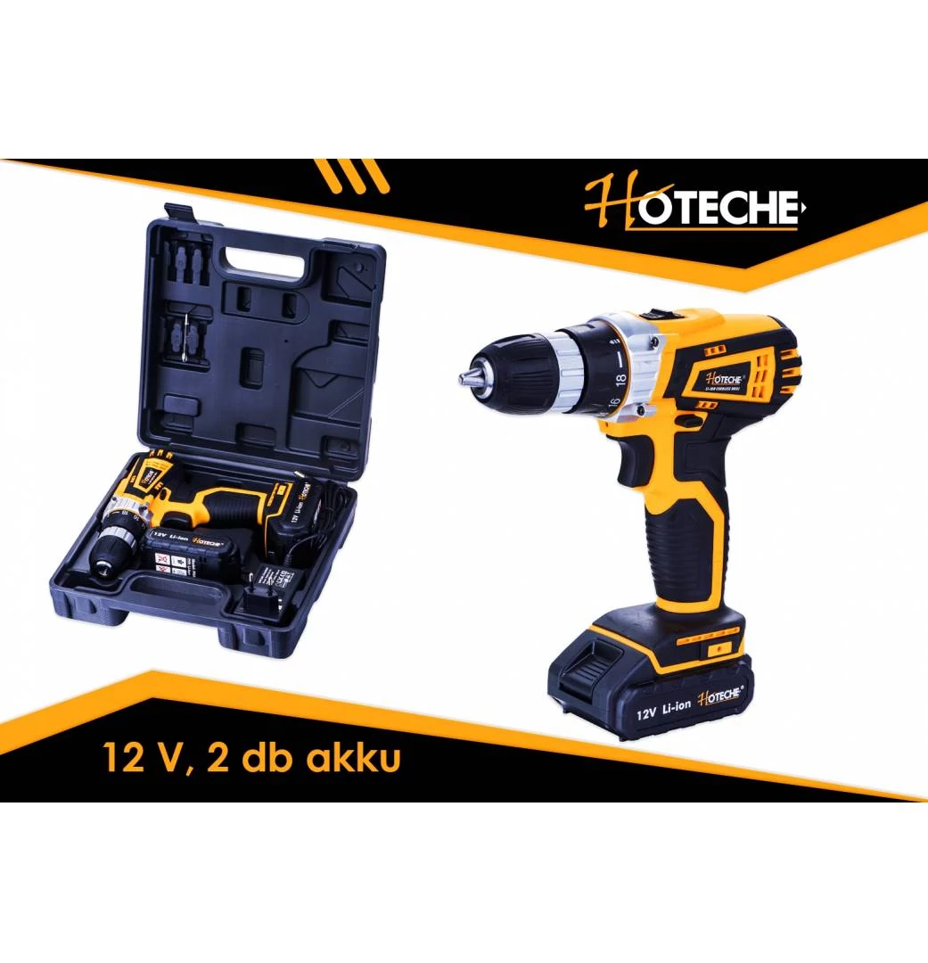 Akkus fúró-csavarozó 12V, 2db 1,3Ah Li-Ion akkumulátorral, kofferben+led Hoteche