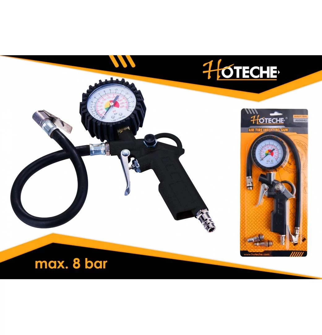 Légnyomásmérő pisztoly, mérőórával max. 8 bar, Hoteche